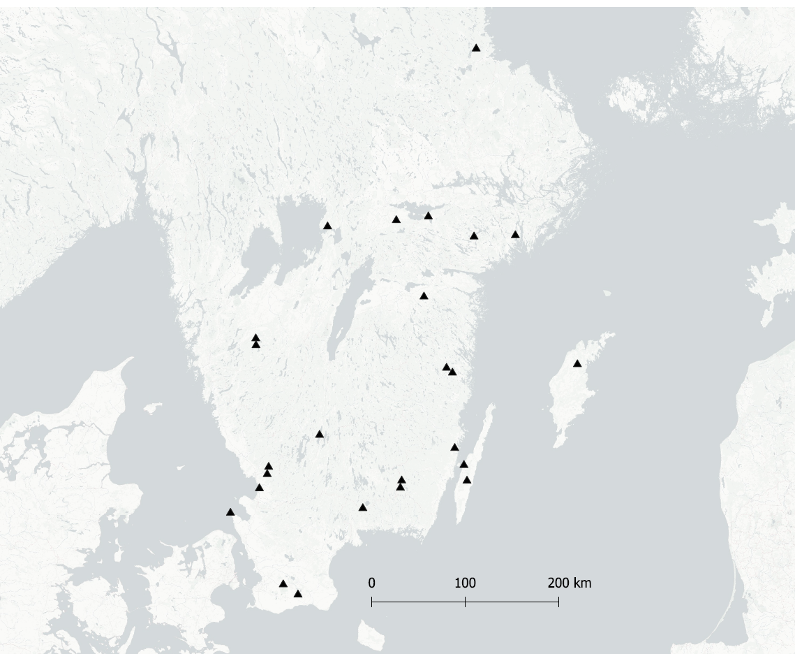 Original Figure S1: map of the 25 study stands in southern Sweden